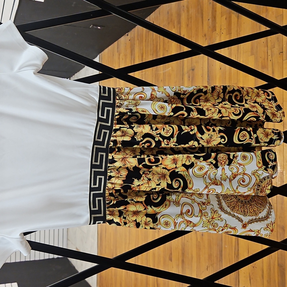 White and Gold Baroque Print Casual Dress with Logo Panel - Picture 3 of 4